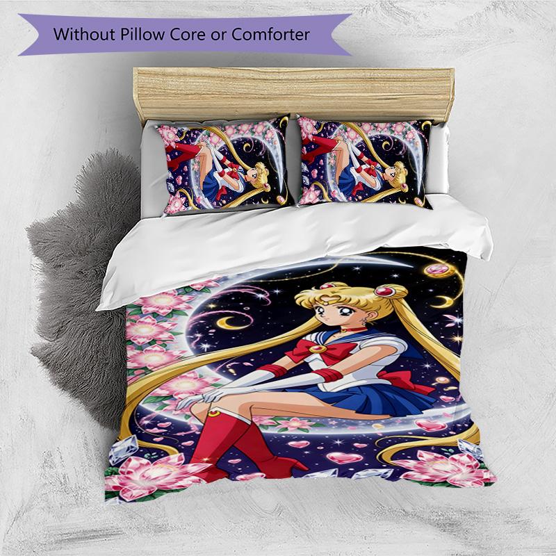 3-teiliges Sailor Moon Design Bettwäsche-Set - HD-bedruckte Bettwäsche mit 1 Bettbezug und 2 Kissenbezügen - Perfekt für die Heim- und Wohnheimdekoration
