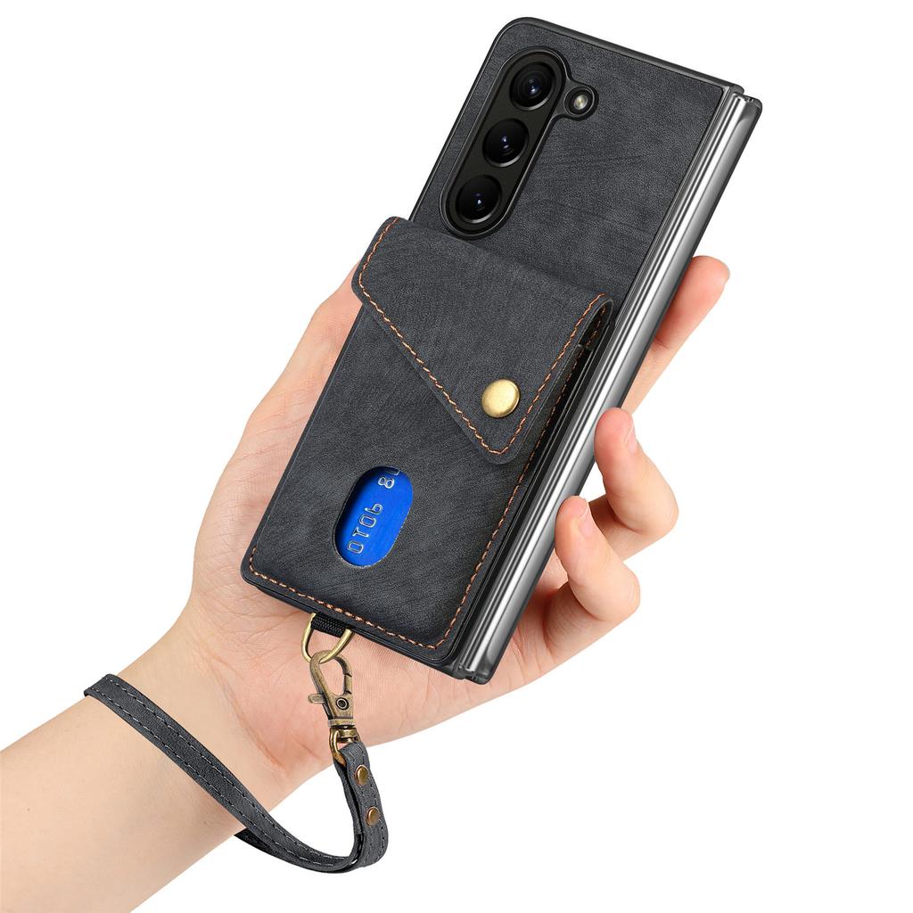 D1 For Samsung Galaxy Z Fold6 5G Case Kickstand Card Bag Leather+PC Phone Cover with Strap