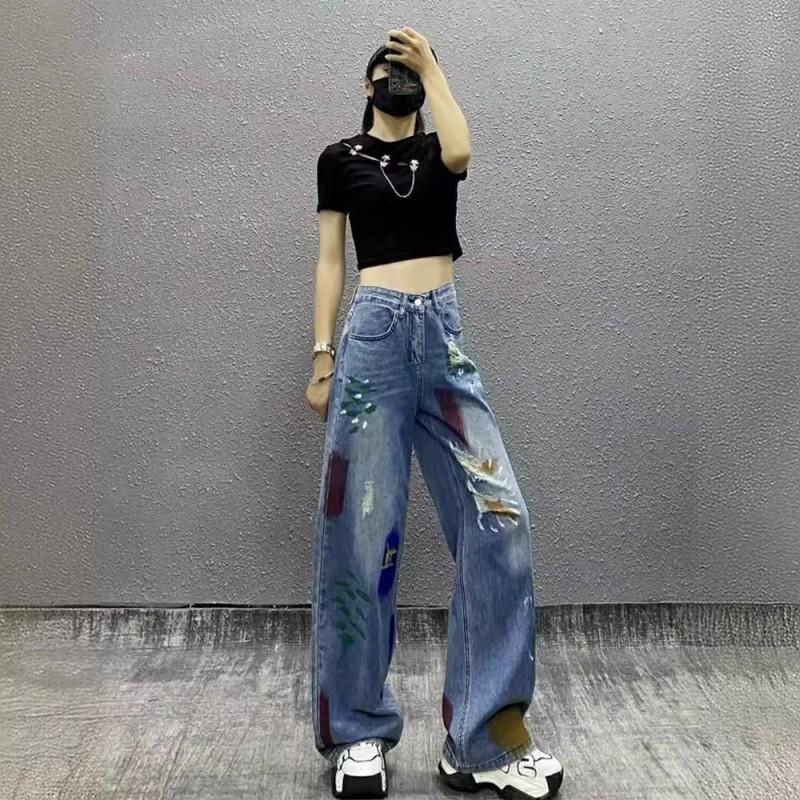 Womens High-Waisted Wide Leg Distressed Denim Jeans With Painted Design Loose Fit Straight Cut