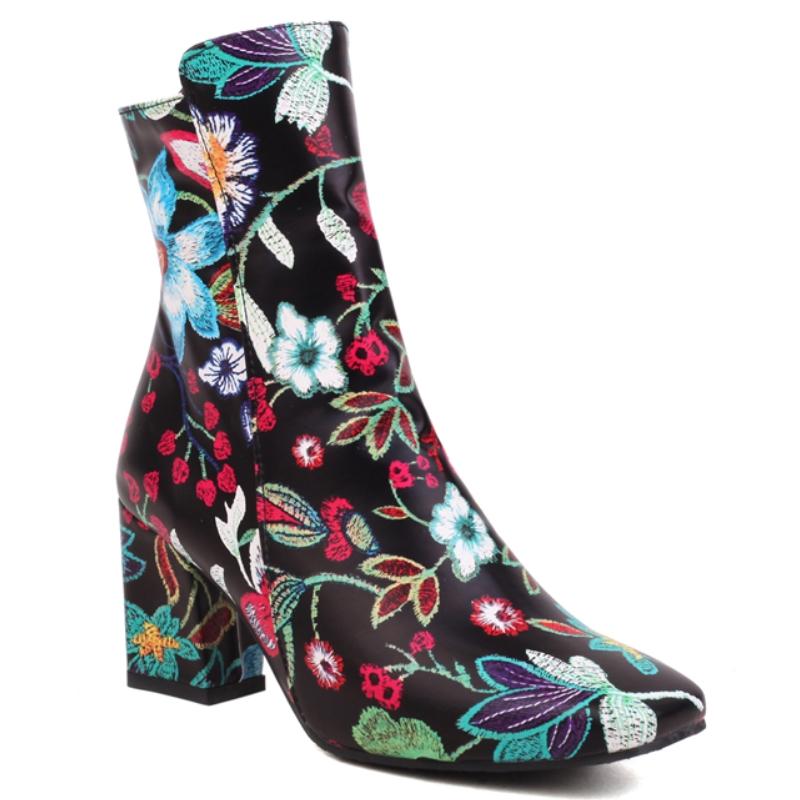 

Сексуальные ботильоны для женщин 2024 Осенне-зимняя обувь С цветочным принтом Короткие ботинки На каблуках Вечерняя обувь Женский бренд Большой размер 45 38 чёрный