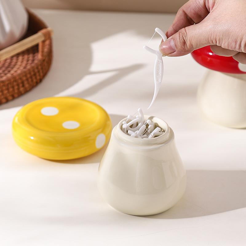 Cute Mushroom Ceramic Toothpick Holder Cotton Swab Storage Jar for Home Living Room Desktop Organizer