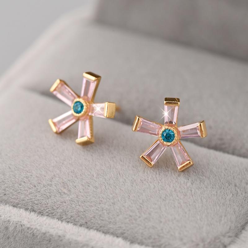 

Real 925 Sterling Silver Sweet Pink Flowers Stud Earrings For Women Pave Setting CZ Fine Jewelry Gift золотой