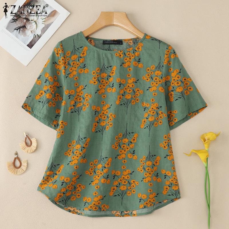 

ZANZEA Women Casual Round Neck Short Sleeve Print Blouse 5XL зелений