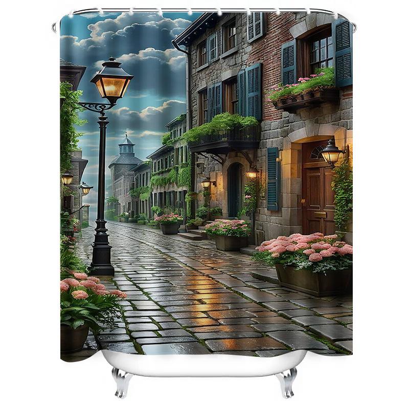 Charming Old Town Street Waterproof Shower Curtain Heat Resistant Machine Washable Non-Transparent 180x180cm