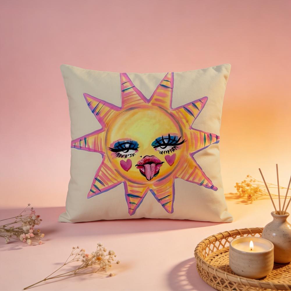 Sunny Face Cartoon Art Cushion Cover Comfortable Durable Pillow Cover MultiScene for Home Office Car Sofa