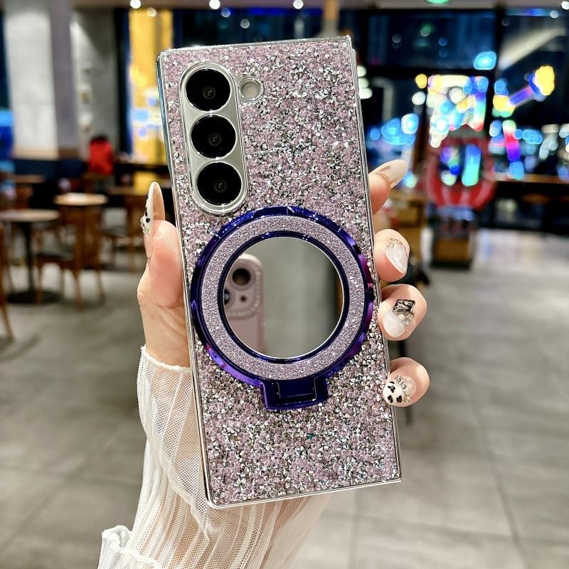 Applicable to Samsung Zfold7 mobile phone case folding screen Galaxy z fold5 protective case makeup mirror holder glitter