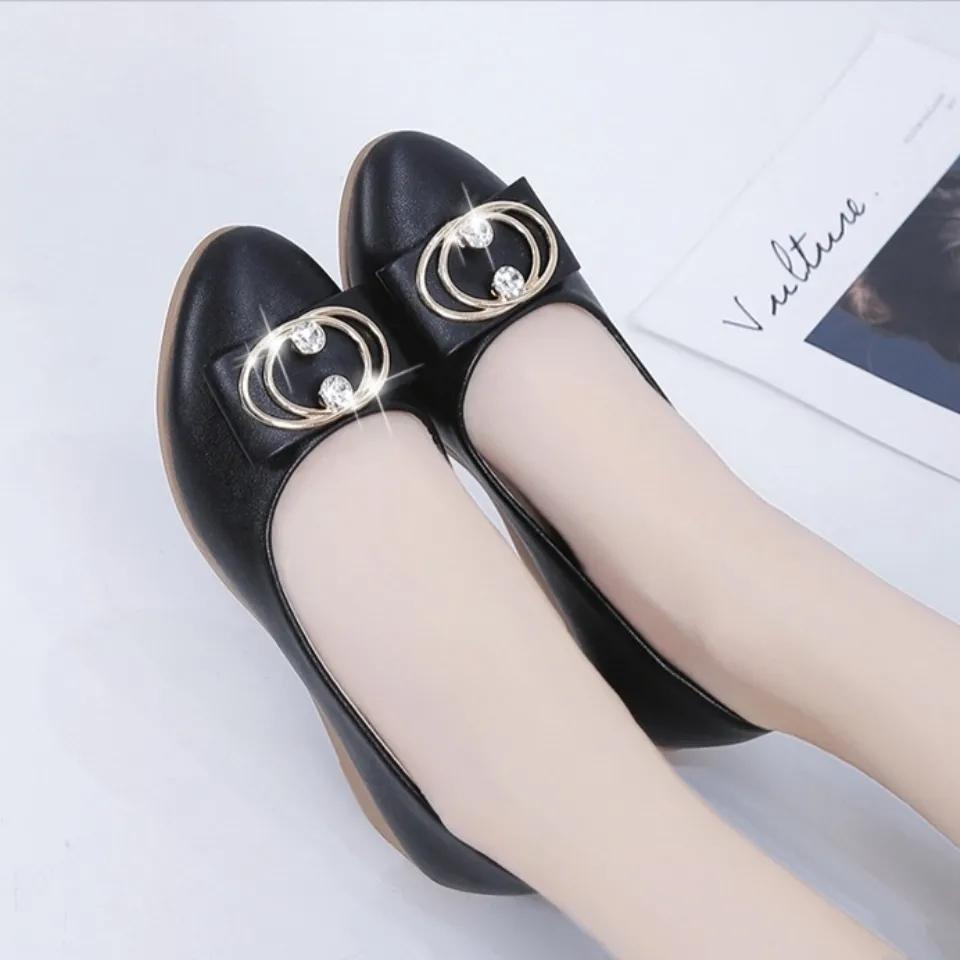 Zapatos De Mujer Women Fashion Pointed Toe Black Leather Spring Slip On Anti Skid Wedge Heel Shoes for Office Ab487
