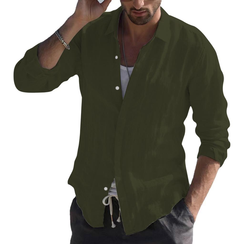 Camisa informal de algodón de manga larga de color liso para hombre de estilo europeo y americano - Envío gratuito