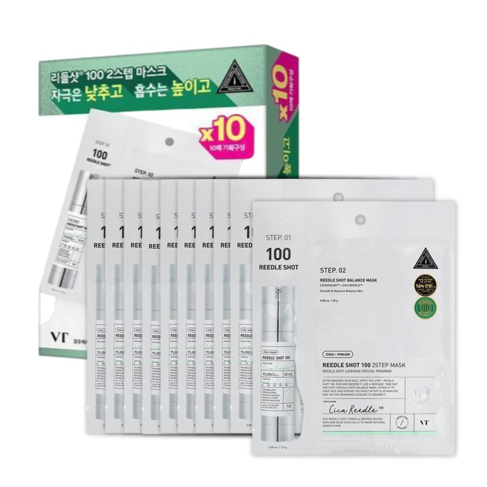 VT Reedle Shot 100 2-Step Sheet Mask(10ea) – Exfoliating & Soothing CICA Mask for Sensitive Skin