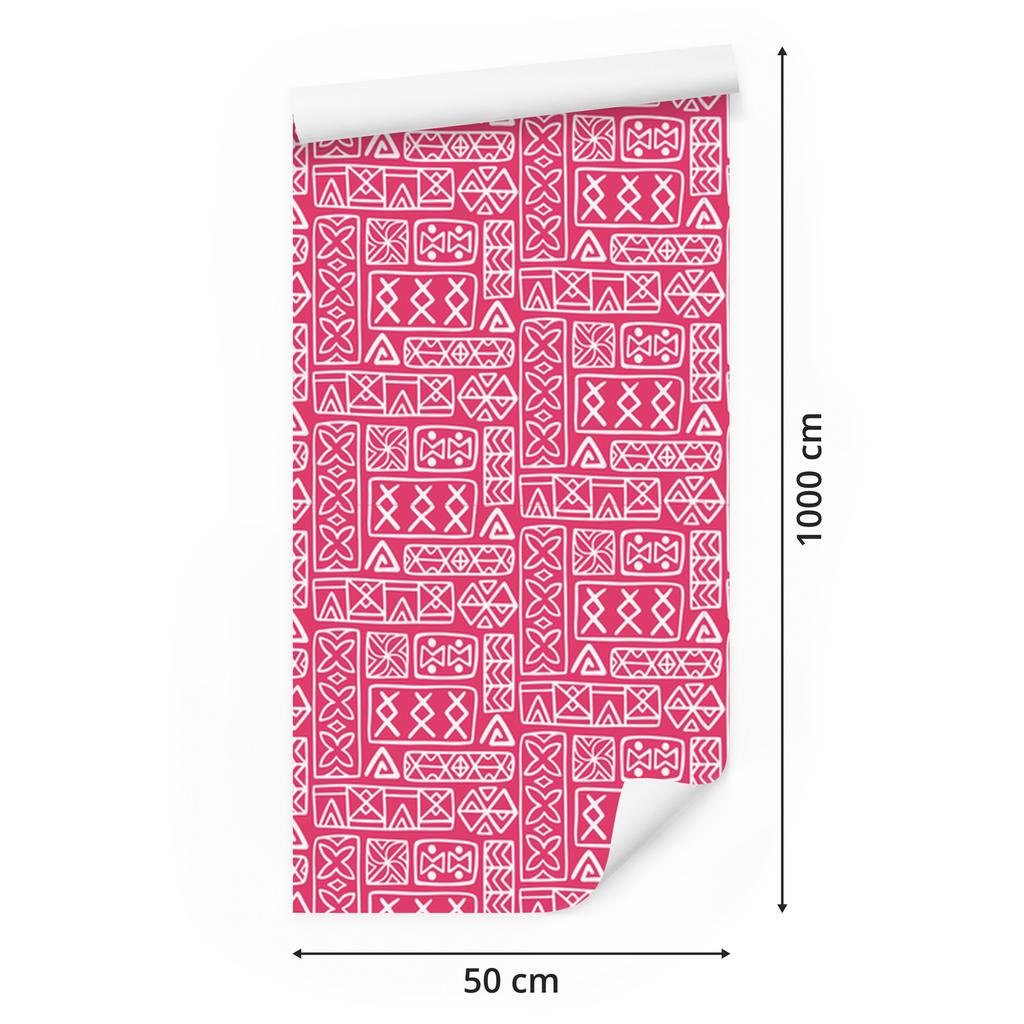 Polynesian Geometric Pattern Wallpaper Powder Pink and Rose 50x1000