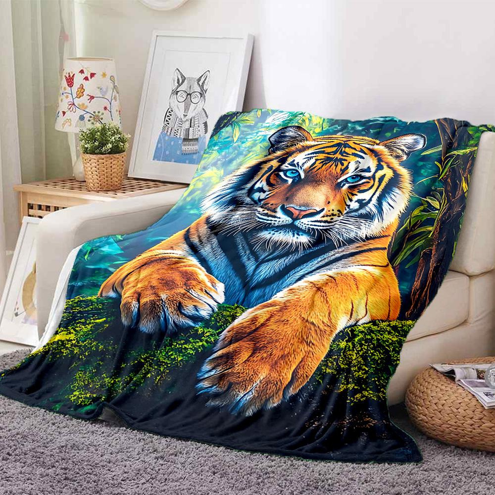 1pc Tiger Print Blanket, Lightweight Flannel Fleece with Digital Printing, Soft Warm for Sofa, Travel, Camping, Office, Couch, Chair, and Bed, All-Sea