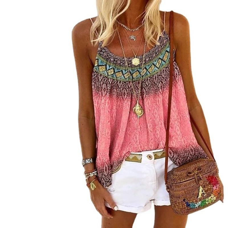 Women Scoop Neck Smocked Ethnic Gradient Print Spaghetti Strap Loose Boho Top S розовый