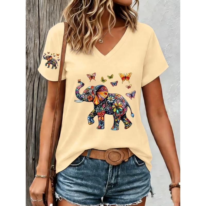 Modisches Retro-Tier Elefant 3D-Druck Damen-T-Shirt für Sommerkomfort V-Ausschnitt Kurzarm Täglich