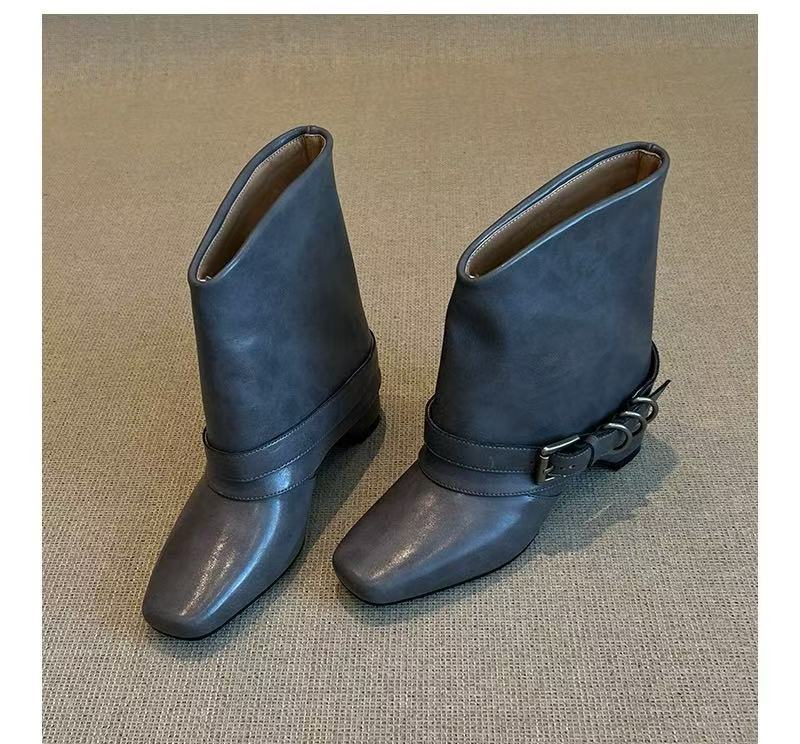 

Square head 2025 autumn and winter new inner height increase leather short cowboy boots women s high heel short boots 35