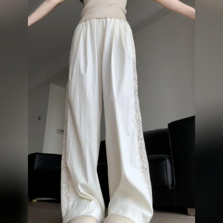 Pantalones Patchwork de Encaje Vintage Mujer Verano Sueltos High Street Pierna Ancha Casual