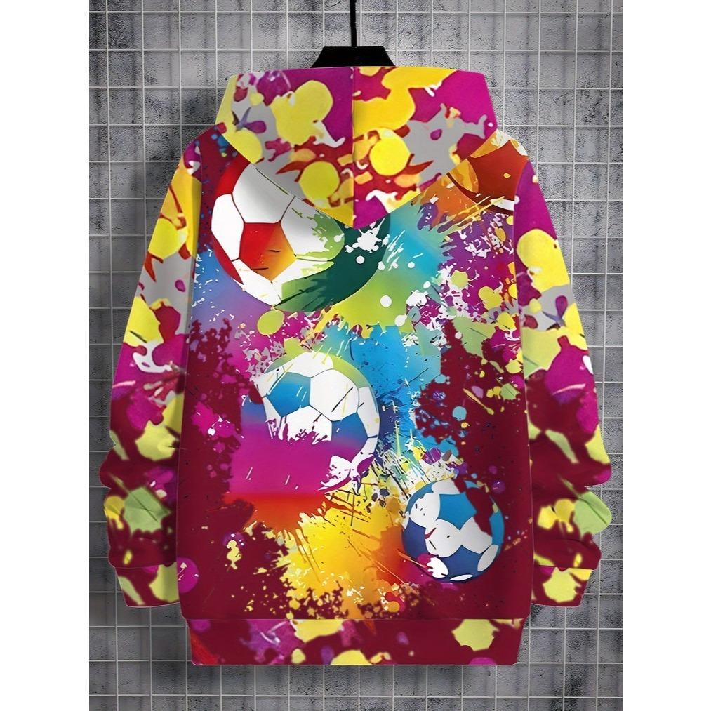 Boys' 3D digital printed splash football pattern hooded sweatshirt with bright color block design