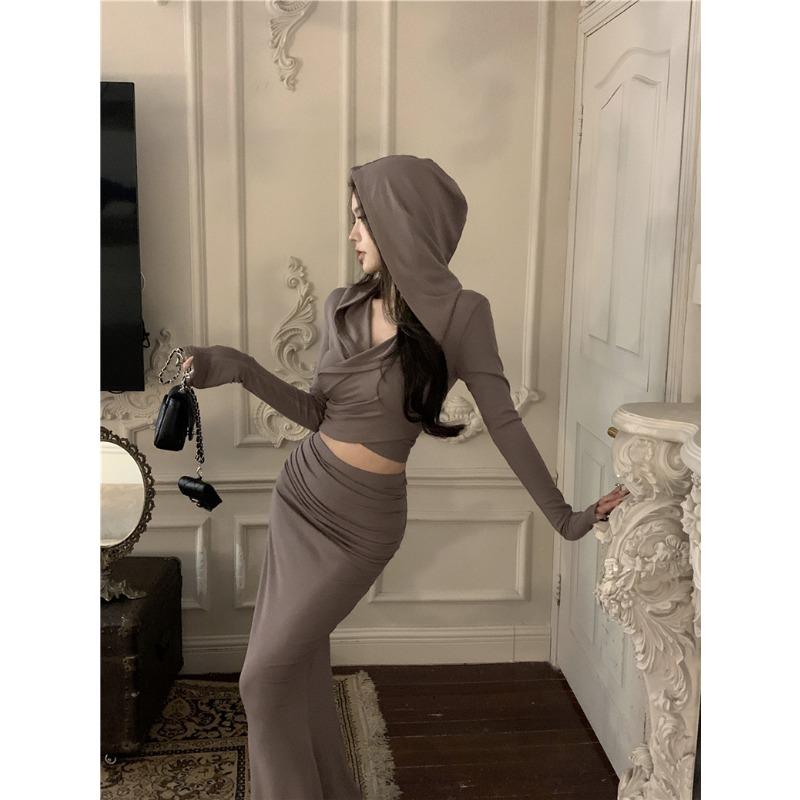 Fashion Elegant Long Sleeve Hoodie Top and High-waisted Fishtail Hip Skirt Suit for Women Spring Autumn Casual Slim Fit Simple Clothes Outfits 2845