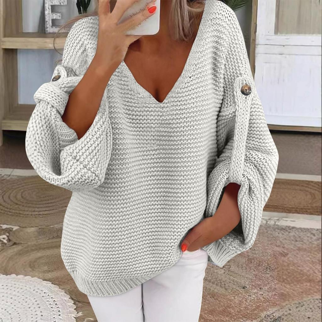Damenmode Lässiger Pullover Langarm Oberteil und Winter Langarm V-Ausschnitt Pullover