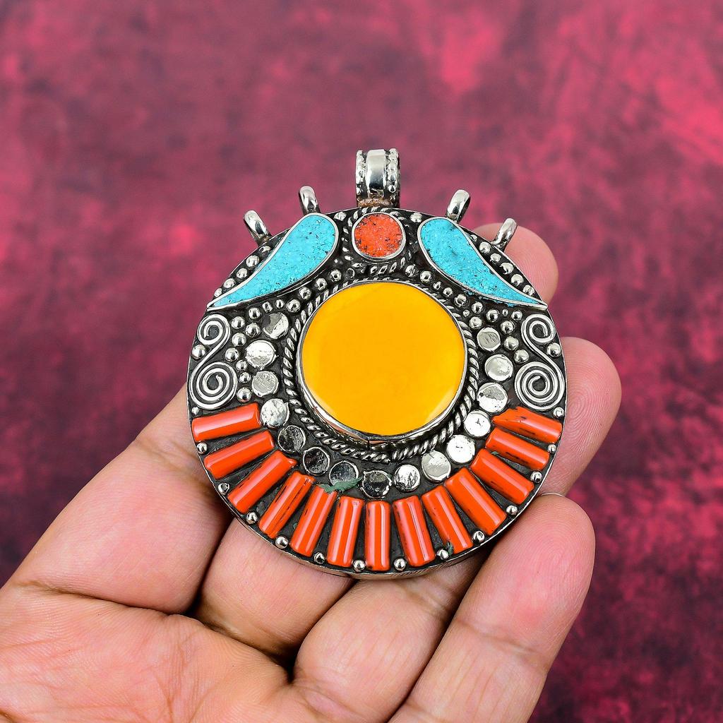Turquoise & Coral Pendant, 925 Solid Sterling Silver Gemstone Jewelry, Handmade Nepali Pendant, For Thanksgiving