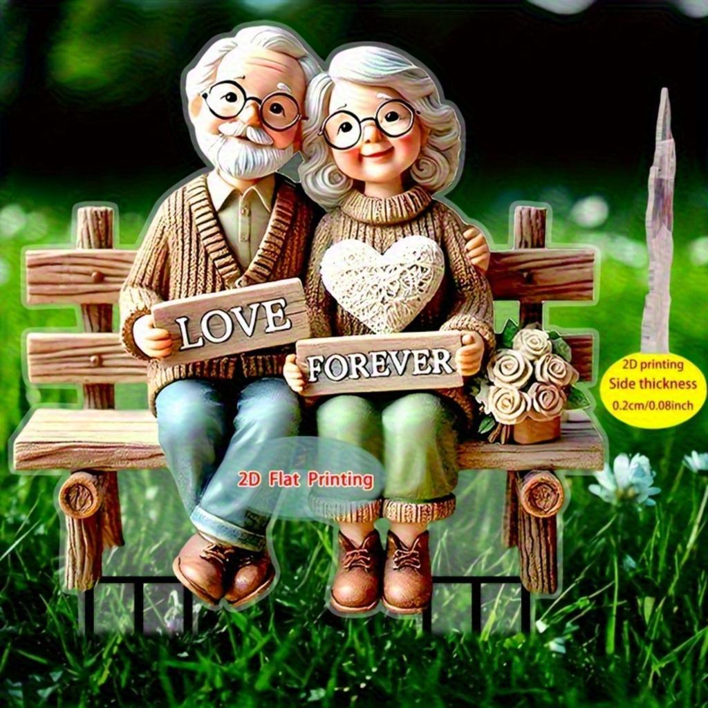 2D Romantic Grandparents on Bench Garden Stake Decor for Lawn Planter Patio, Ideal Festival & Elderly Gift, Perfect Garden Ornament