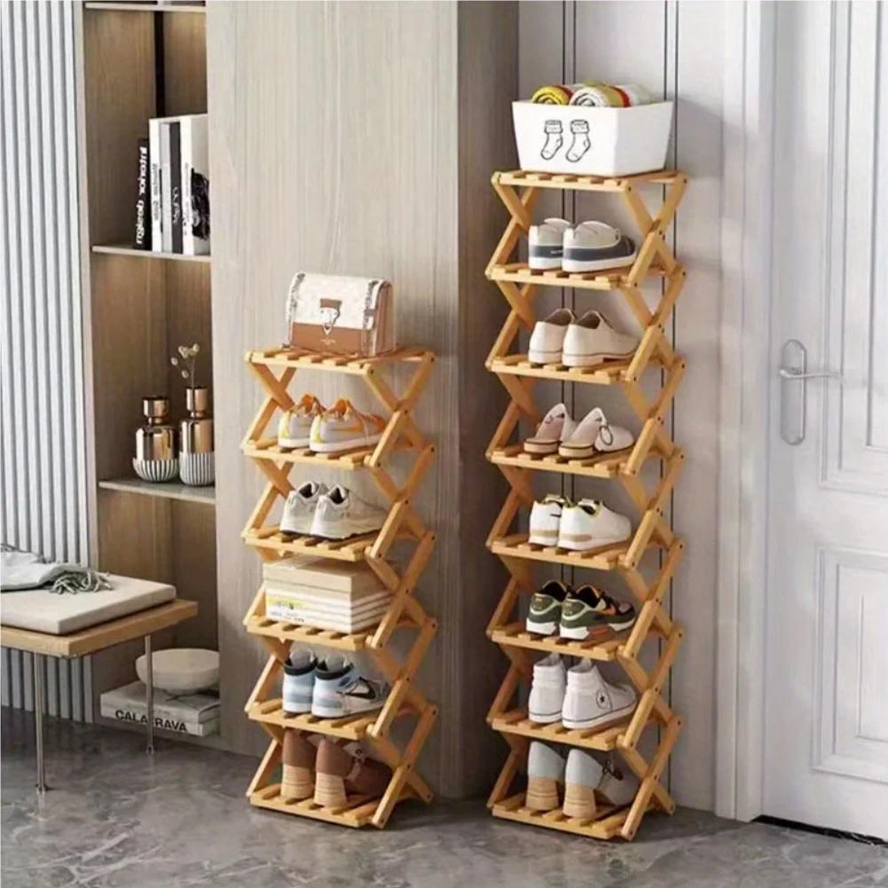 Bamboo Shoe Rack, Foldable Space Saving Shelves for Home and Bedroom - Interior Entry Storage Free Footed Shoe Narrow Shelf