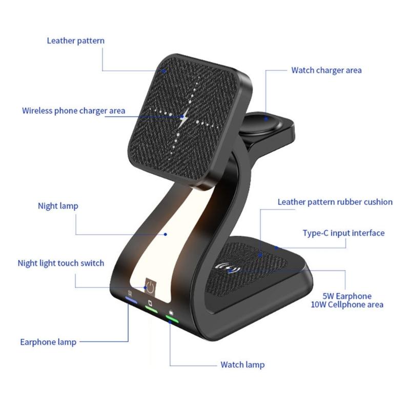 Magnetic Wireless Charging Station ABS Texture Suitable for Phone Watch Earphone Fast 15W Charging Built In Night Light