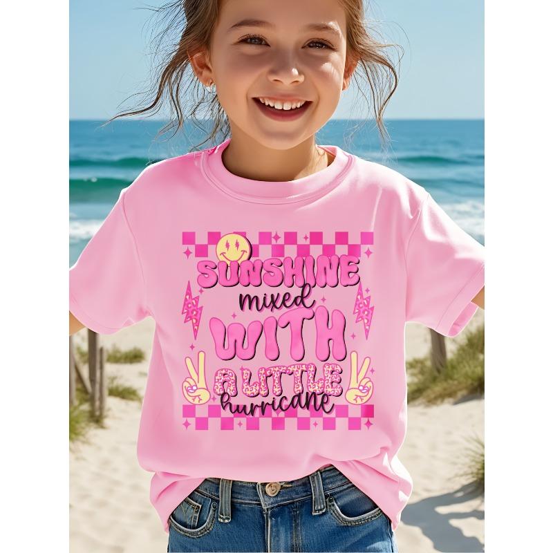 European sizes Girls' SUNSHINE MIXED WITH A LITTLE HURRICANE Cute Round Face Hand Sign Print Sweet Creative Girls' Short Sleeve T-Shirt