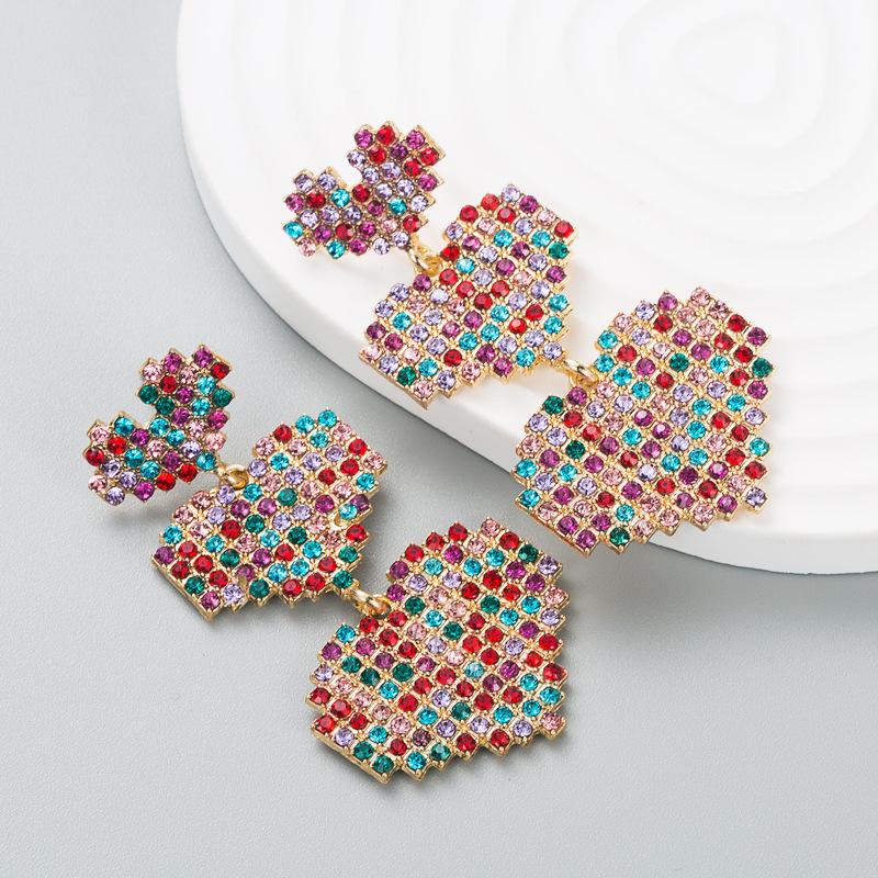 Cercei de damă exagerați lungi în formă de dragoste, din aliaj de cristal complet, cercei cu strasuri de culoare