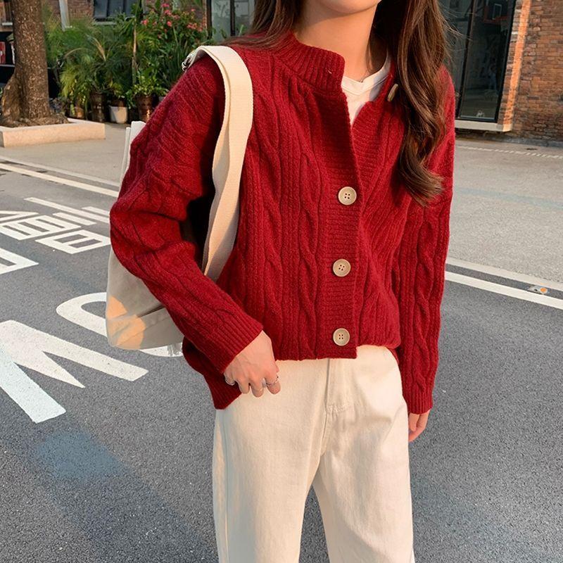 

Весенне-осенний женский кардиган 2022, свитер, пальто, топ с круглым вырезом, корейская версия, свободный вязаный кардиган с длинными рукавами, топы-свитера One Size красный