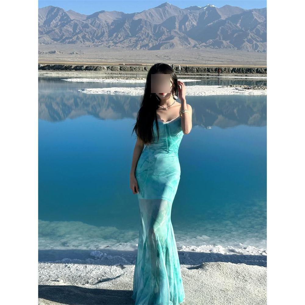 

Курортный стиль зеленый смешанный цветочный слип-платье темперамент талия облегающий бедра юбка женское лето XL- (recommended 110-60kg)