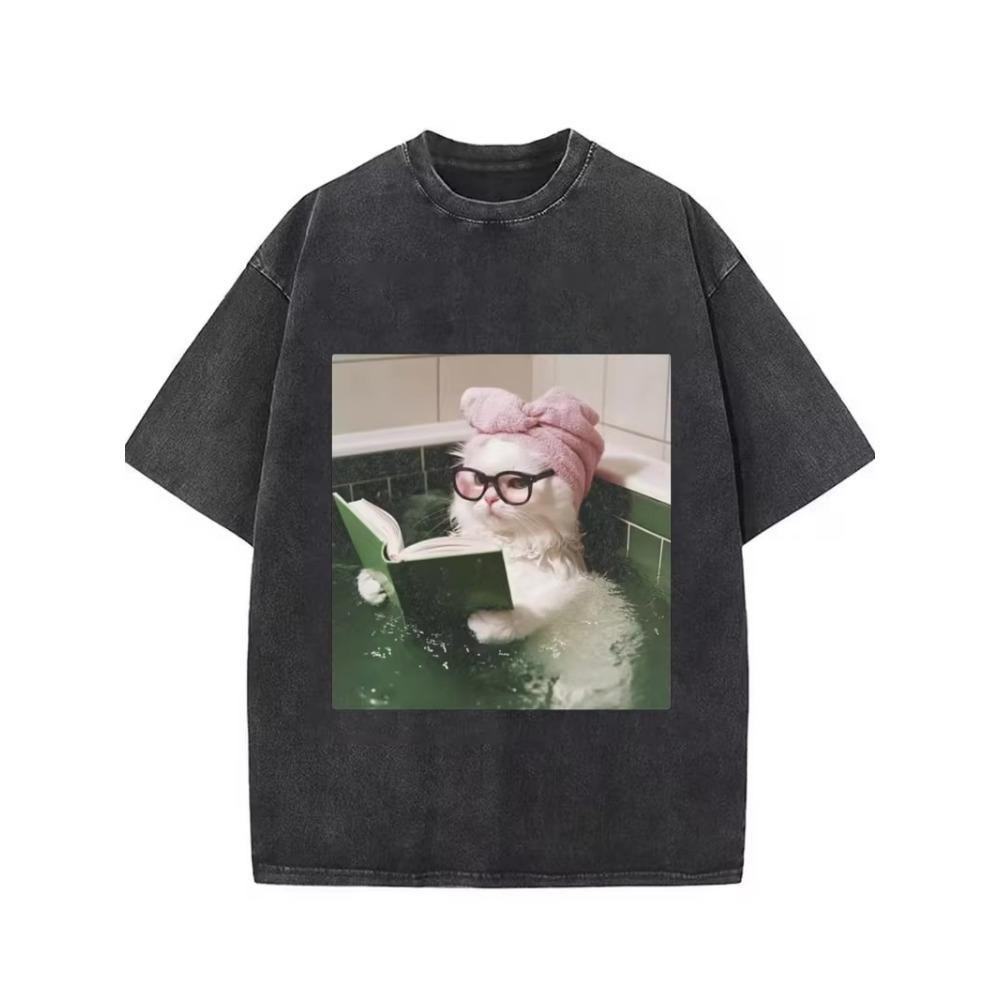 Cute Princess Cat Treasure Graphic T-shirt, Oversized Retro Washed Tee Unisex For Men Women Travel Daily Casual Streetwear Cotton Tops, Y2K Style