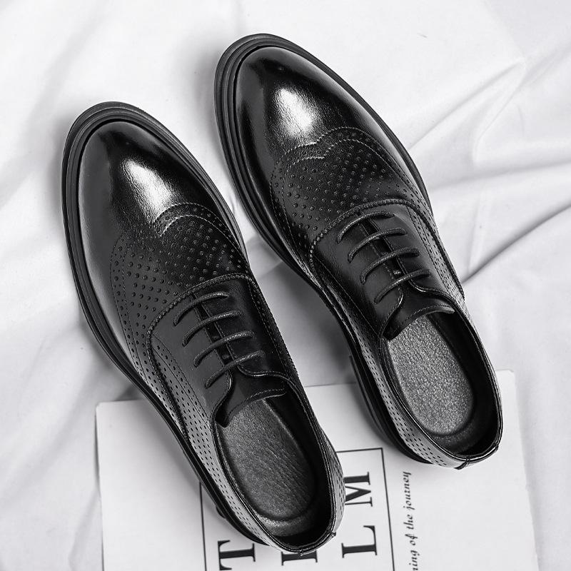Brock leather shoes men's summer hollow inner height increase 8CM business height increase shoes 6CM wedding groom shoes