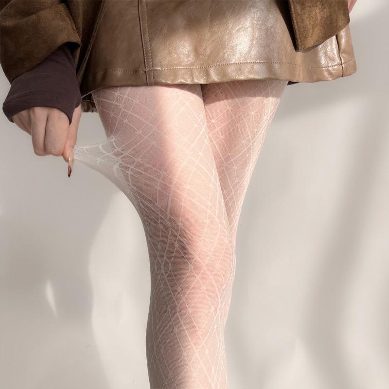 

Japanese Diamond Pattern White Tights - Spring/Autumn Jacquard Silk Stockings One Size