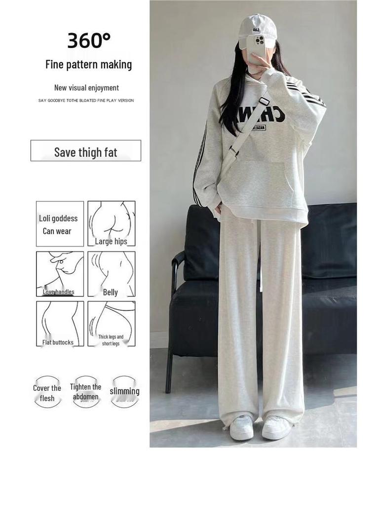 Women's American-Style Gray Sweatpants: Spring & Autumn Loose Fit, Slimming, Wide-Leg, Straight-Leg, Winter Fleece-Lined.