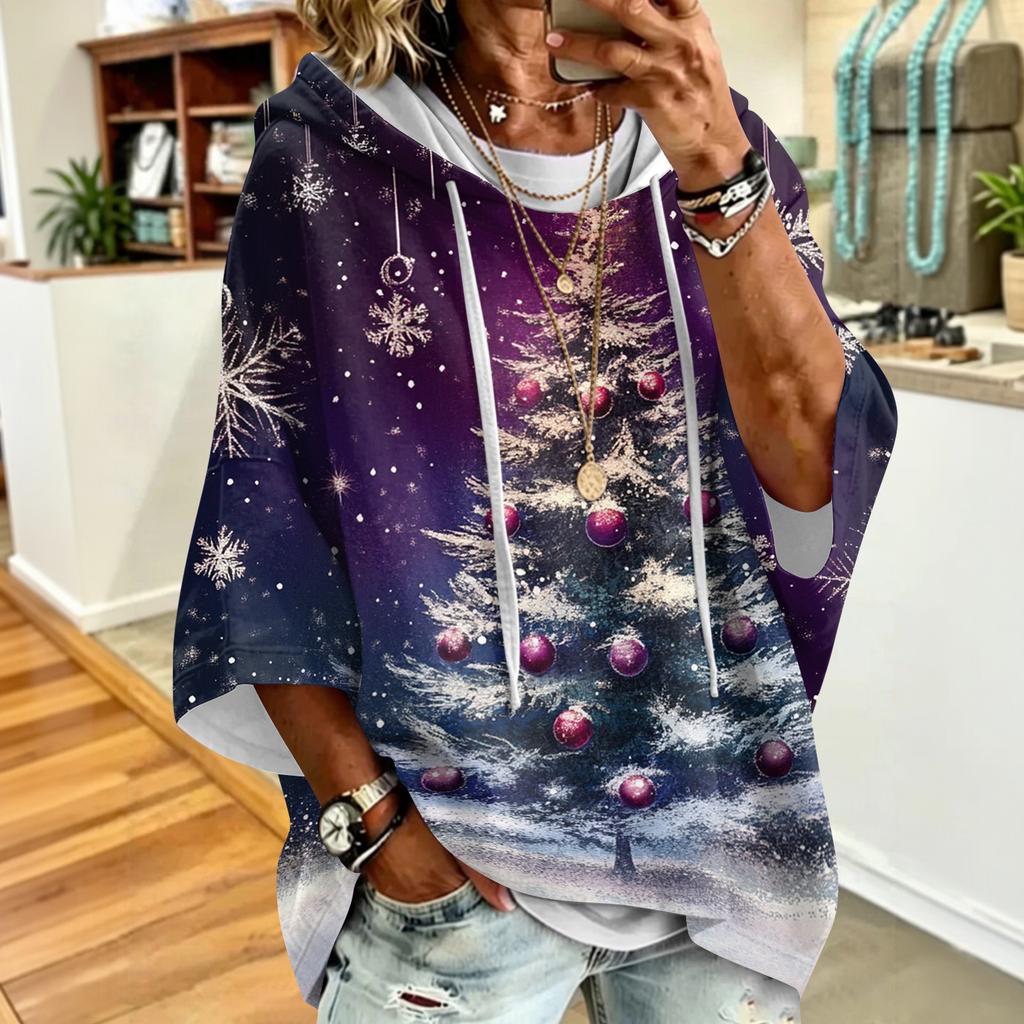 Women's Christmas Printed Hooded Sweatshirt Loose Fit Casual Pullover Top