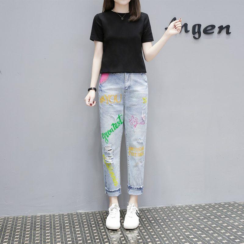 

Европейские граффити свободные укороченные джинсы с высокой посадкой Light blue nine points Denim M