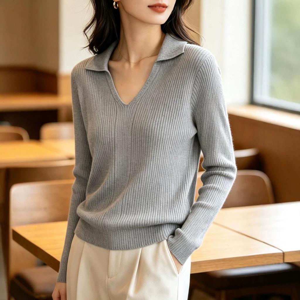 Women's Autumn Winter Polo Collar Knit Sweater Pullover