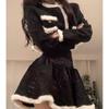 Vintage Black 2 Piece Set Skirt Woman Autumn Warm Kawaii Crop Top Coat Elegant Slim Mini Skirt Party Korea Fashion Clothing 2024