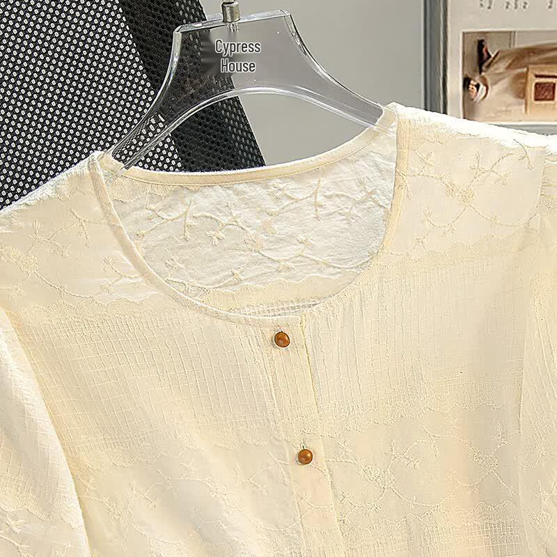 Women's Pure Cotton Jacquard Embroidered Short-Sleeve Shirt