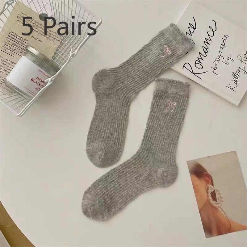 5 Pairs of Female Spring and Summer Thin Embroidery Bow Hollow Tube Stack Socks