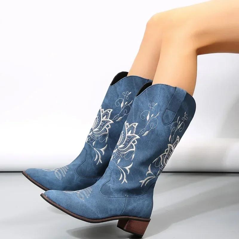 Mode Retro Spitz Zehen Knöchel Stiefel Winter Neu Blau Canvas Denim Stiefel Damen Lässig Bestickte Western Cowboy Stiefel Botines Mujer