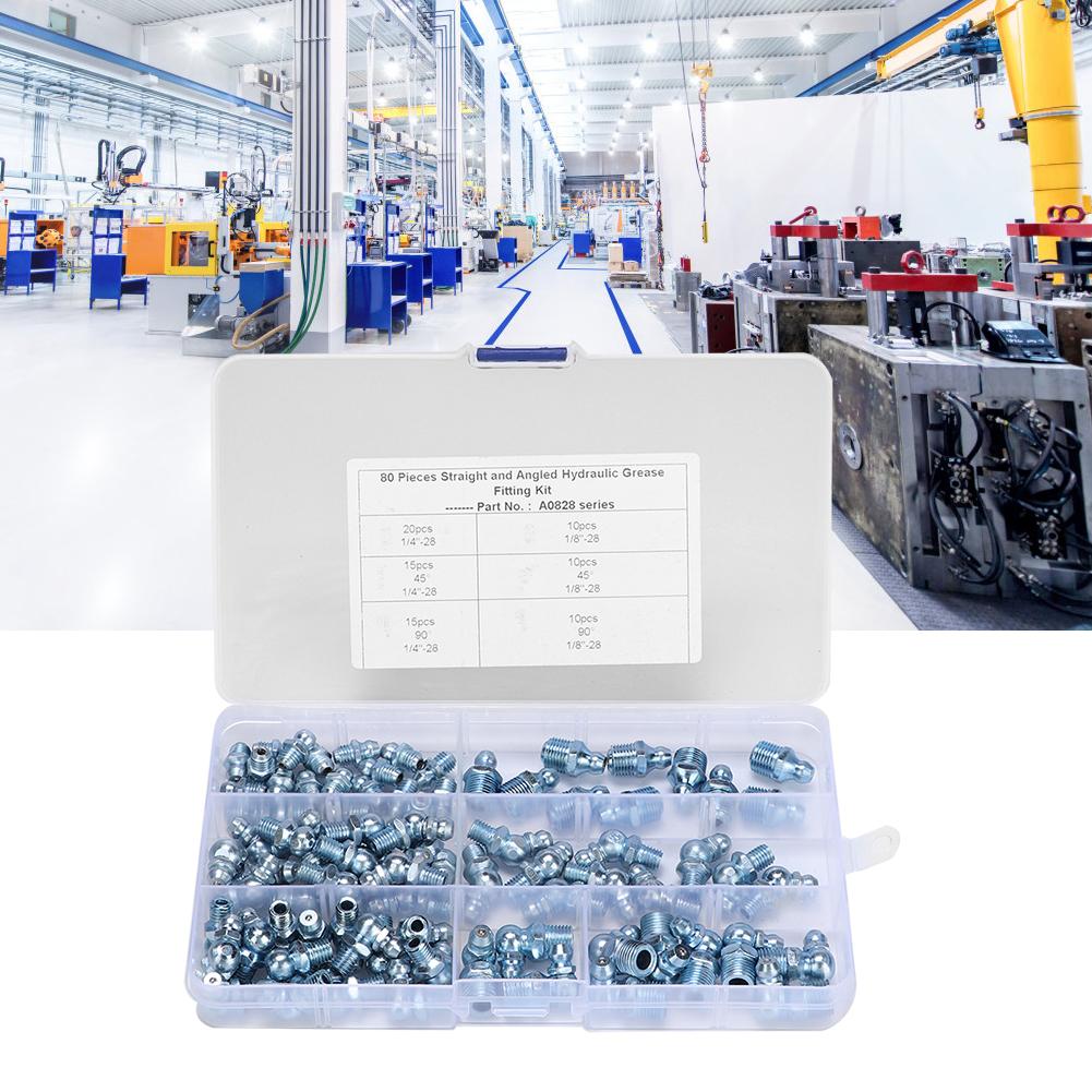 80pcs Straight Bend Grease Zerk 1 8in 28 45 Degrees  Galvanized Blue Zinc Iron Hexagonal Nozzle