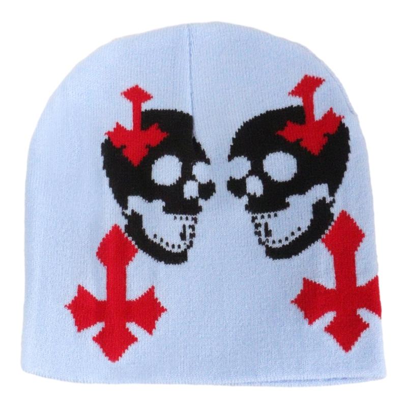 Knit Double Skull Beanie Hat for Students Adult Windproof Foldable Winter Hat Handmade Halloween Keep Warm Cycling Hat