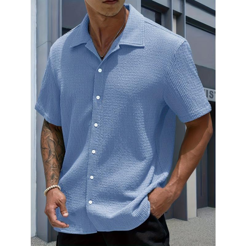Men Notched Lapel Short Sleeve Shirt Crinkle Waffle Texture Full Button Front Loose Vacation Casual Blouse Tops