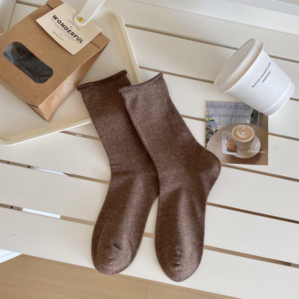 

Женские серые хлопковые носки до середины икры, в японском стиле, с подвернутым краем, подходят для весны и лета. One Size Seamless коричневый