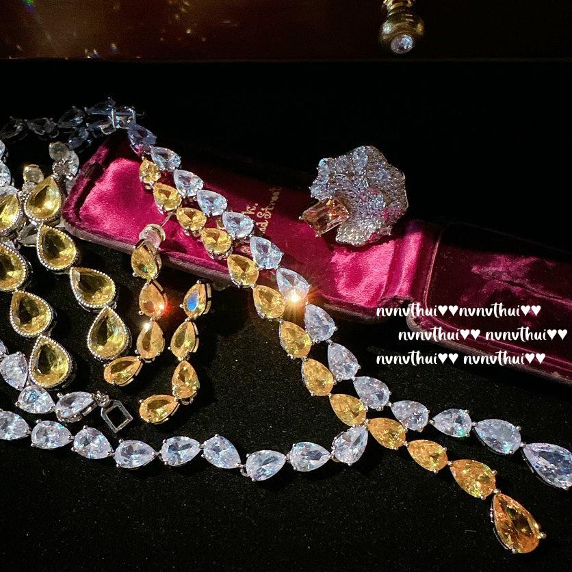 Canary Tourmaline Teardrop Jewel Y Necklace, Cinderella Plated 18K Gold, Twilight Yellow Water Drop Zircon Earrings
