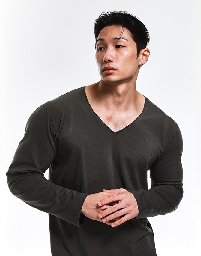 RVD Cotton Modal Wide Y-Neck Long Sleeve Tee (Khaki)
