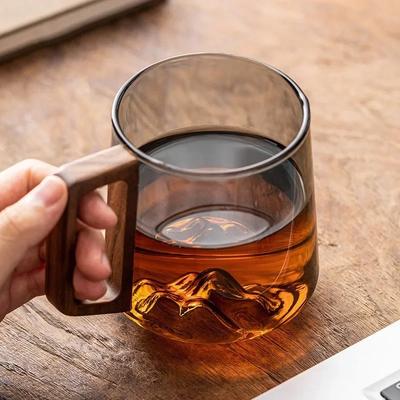Guanshan Glas Einwandige Trinkbecher mit seitlichem Holzgriff Haushalt Großvolumig Milchtee Saft Einwandiger Becher