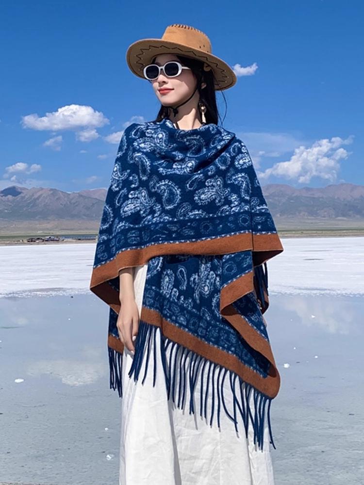 Winter Women Scarf Layers Poncho Elegant Lady Retro Print Tassel Wraps Shawl Casual Scarve Capa Para Mujer Pashmina Cloak Boho