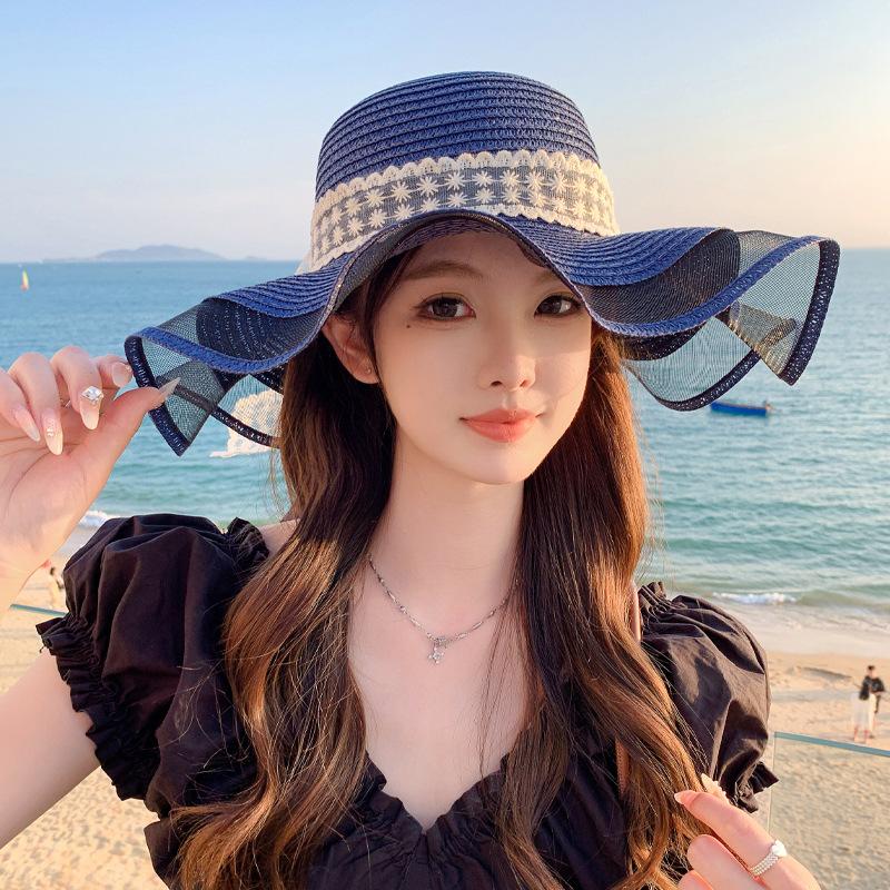 Summer new hat women's lace bow beach straw hat seaside travel sun hat big edge sun hat
